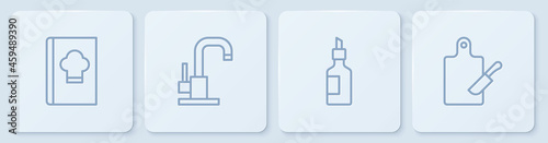 Set line Cookbook, Bottle of olive oil, Water tap and Cutting board and knife. White square button. Vector