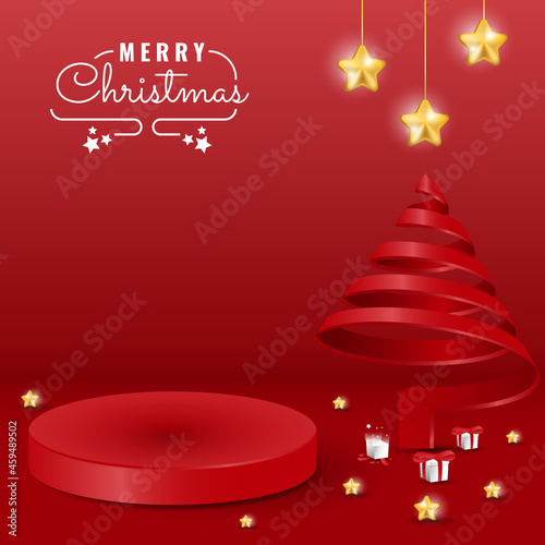 3d minimal red christmas banner design with podium, star, and tree decorations