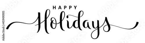 HAPPY HOLIDAYS black vector brush calligraphy banner with swashes on white background