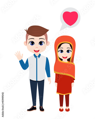 Happy cute Bangladeshi Indian couple character wearing beautiful traditional outfit standing and posing with love shape balloon isolated