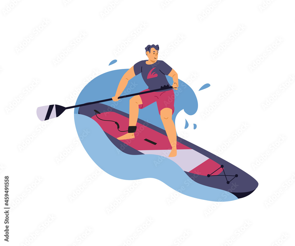 Young sport man float on paddle board in blue waves of sea, ocean or lake.