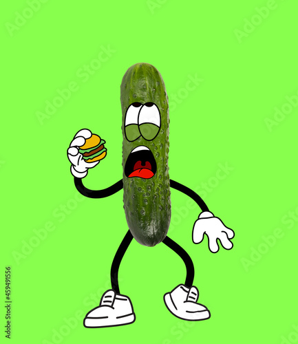 Fototapeta Naklejka Na Ścianę i Meble -  Funny cute green cucumber like little man standing isolated over green background. Drawn vegetable in a cartoon style. Vitamins, healthy lifestyle.