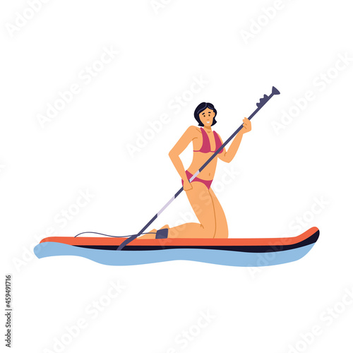 Young sport woman in swimsuit is kneeling on paddle board a vector illustration.
