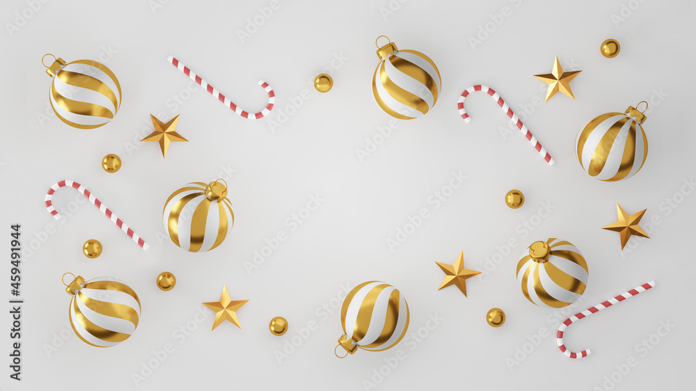 Christmas and happy new year decorations with a golden silver ball and golden star on white background. 3d illustration