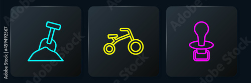 Set line Sandbox with sand and shovel, Baby dummy pacifier and Bicycle for kids. Black square button. Vector