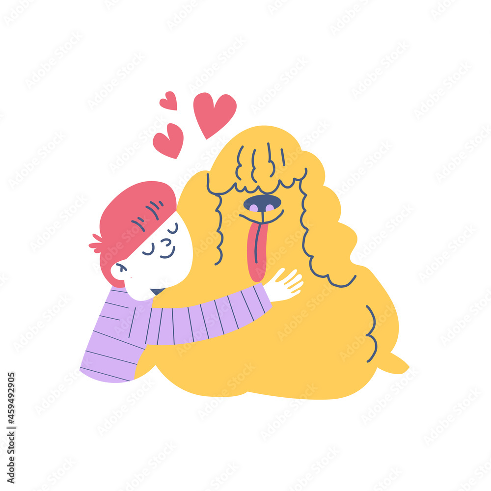 Child loves and hugging his dog pet, flat cartoon vector illustration isolated. Child loves and hugging his dog pet, flat cartoon vector illustration isolated.