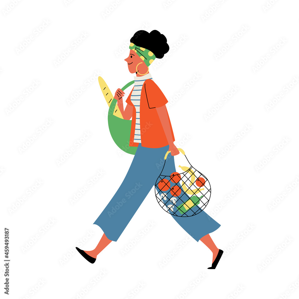 Woman carrying organic vegetables in eco bag, flat vector illustration isolated. Woman carrying organic vegetables in eco bag, flat vector illustration isolated.