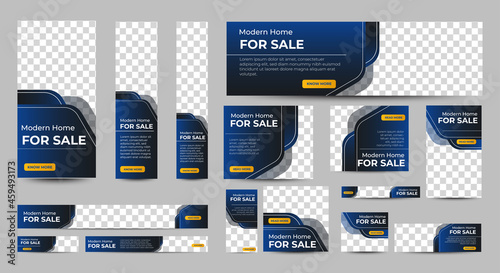 Real Estate banner design web template Set, Horizontal header web banner. Modern Gradient Blue cover header background for website design, Social Media Cover ads banner, flyer, invitation card