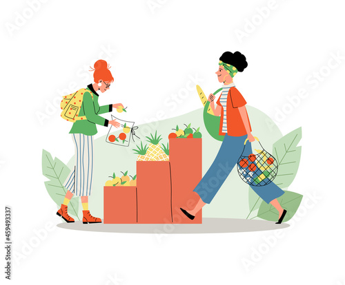 People putting gorocery into eco bags, flat vector illustration isolated.