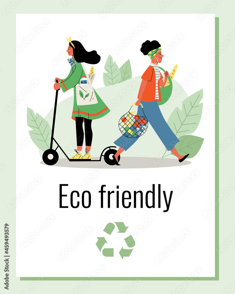 Eco friendly lifestyle and habits banner or poster, flat vector illustration.