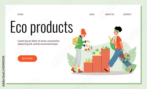 Eco product website with people buy organic vegetables, flat vector illustration.