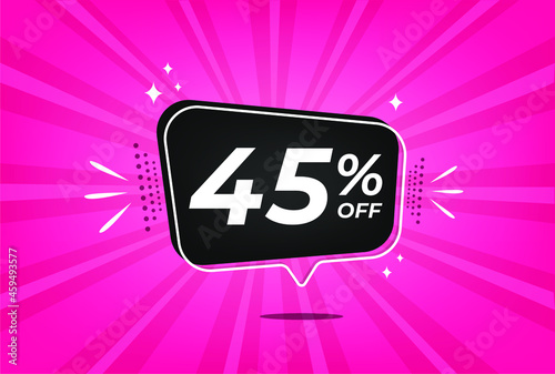 45 percent discount. Pink banner with floating balloon for promotions and offers.