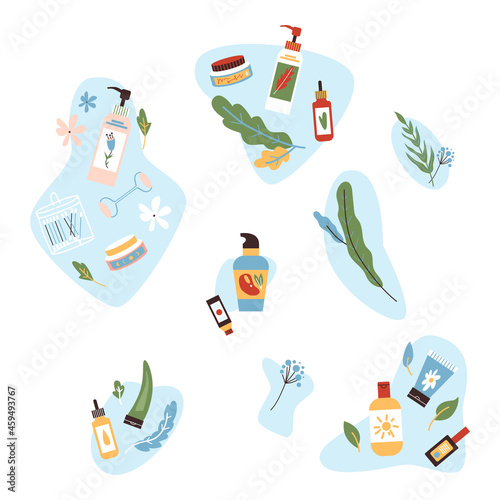 Set with skin care implements and cosmetics, flat vector illustration isolated.