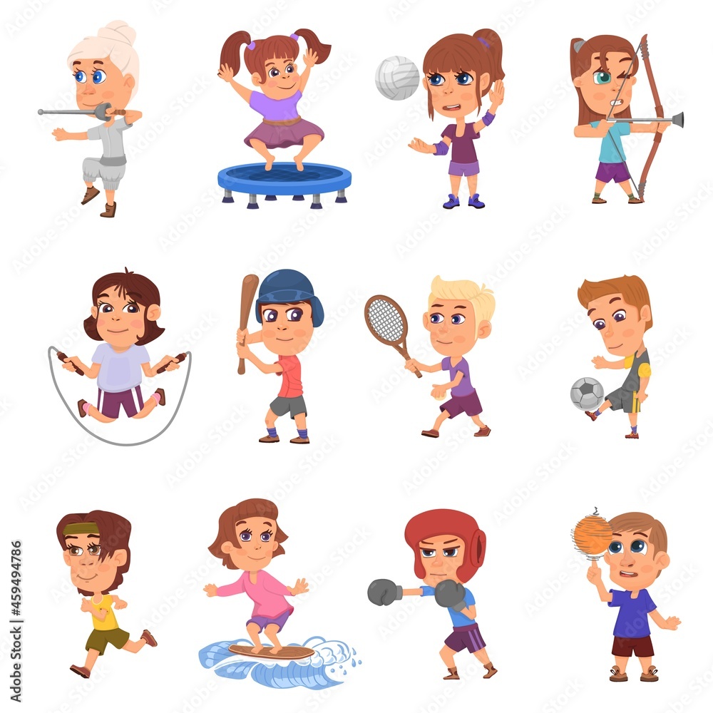 Different sport kids. Sports gym activities, child doing exercise. Young fit characters, school children play basketball tennis soccer decent vector set