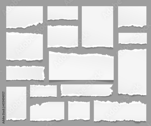 Torn paper sheets. Ripped papers strips, isolated piece note sheet with rip edge. Scrapbooking elements, grey empty notepad pages exact vector set