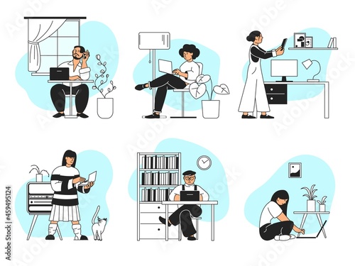 Work from home. Business professional, woman working laptop. Office girl, student at computer. Young adult freelance, remote job recent vector scenes