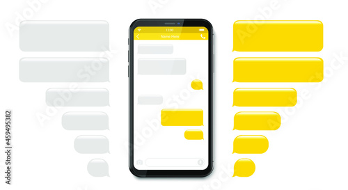 Smartphone, chatting sms app template bubbles. Place your own text to the message clouds. Social network messenger page template. Chat app template with mobile keyboard. Message Flat Bubbles.