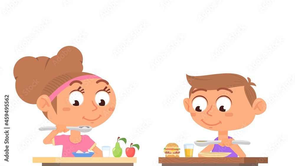 Boy girl eating. Family eat, home healthy food. Cartoon sister and brother at table, breakfast lunch or dinner time. School canteen decent vector scene