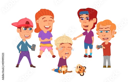 Bullying children. Child laughing, kids bully. Teenagers laughs and doing video on phone. School abusers, angry boys and victim decent vector scene