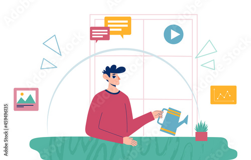 Digital detox concept. Vector illustration. A man watering a house plant under a barrier isolated from social networks, work and correspondence.
