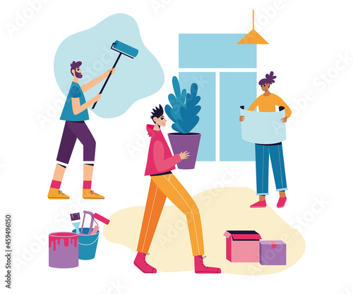 Home renovation concept. People paint the wall, check the plan, and move furniture. Vector illustration.