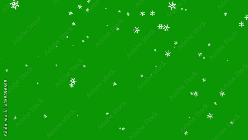 Falling shaped snowflakes on a green background. Christmas motion graphic video animation. Chroma key wallpaper