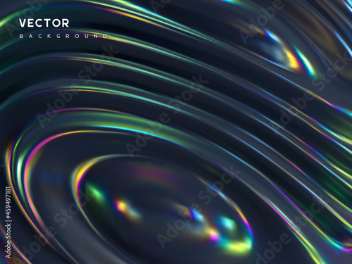 3d wavy fluorescent surface. Abstract waving background with thin film effect. Liquid multicolor pattern, iridescent glossy ripples. Vector illustration.