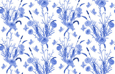 Acrylglasbilder Blau-weiße Muster Lavendel Mimosen Rosen in Blau  © Aloksa