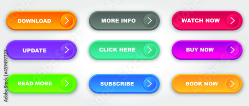 Buttons with gradient and shadow. Colorful collection for web, UI, UX, app. Gradient neon buttons - download, read more, subscribe, click here, follow, continue, sign up and other. Vector flat set.