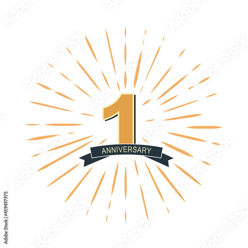 Celebrating first 1 year anniversary retro label with ribbon, vector.