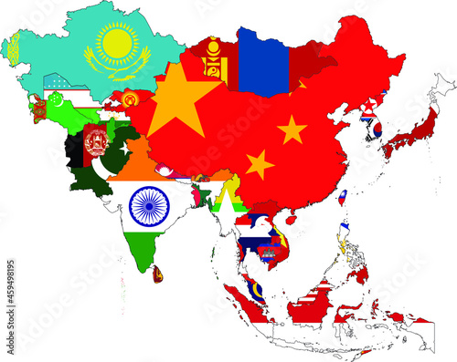 Map of Asia countries with national flags