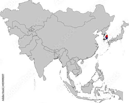 Map of South Korea with national flag on Gray map of Asia