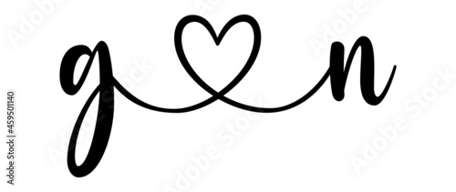 gn, ng, letters with heart Monogram, monogram wedding logo. Love icon, couples Initials, lower case, connecting HEART, home decor,