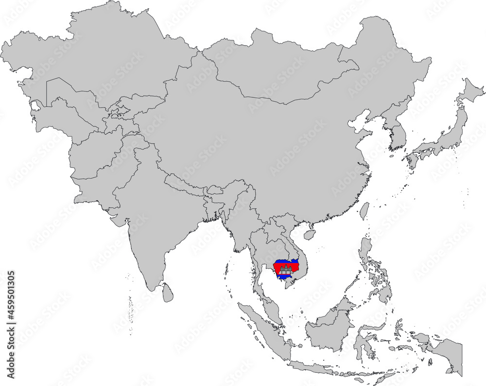 Obraz premium Map of Cambodia with national flag on Gray map of Asia