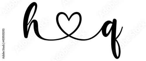 hq, qh, letters with heart Monogram, monogram wedding logo. Love icon, couples Initials, lower case, connecting HEART, home decor,
