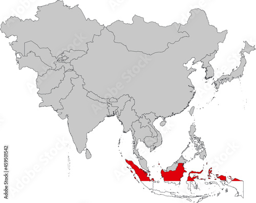 Map of Indonesia with national flag on Gray map of Asia