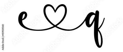 eq, qe, letters with heart Monogram, monogram wedding logo. Love icon, couples Initials, lower case, connecting HEART, home decor,