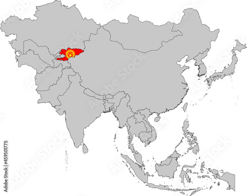 Map of Kyrgyzstan with national flag on Gray map of Asia