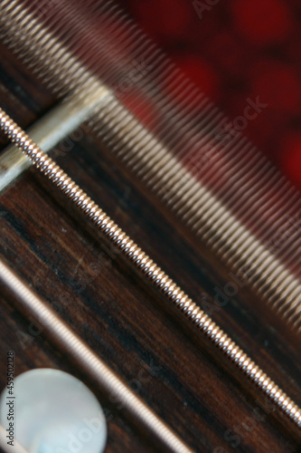 Acoustic guitar ivory fretboard with steel string vibrating, close-up photo