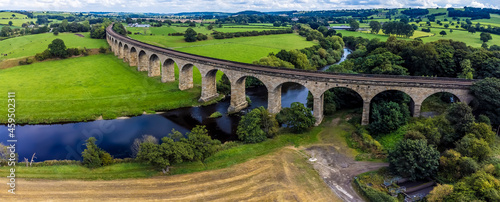 An aerial view over the Arthington Viaduct in Yorkshire, UK in summertime
