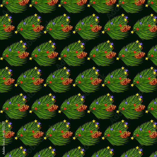 Seamless Christmas New Year pattern. Christmas tree branches with pine cone and festive lights, on a black background.Illustrator ,vector