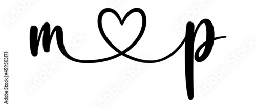 mp, pm, letters with heart Monogram, monogram wedding logo. Love icon, couples Initials, lower case, connecting HEART, home decor,