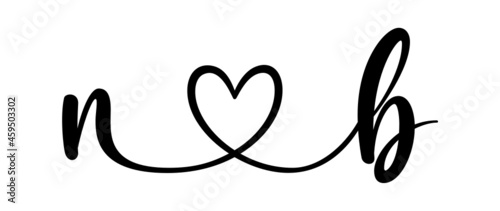 nb, bn, letters with heart Monogram, monogram wedding logo. Love icon, couples Initials, lower case, connecting HEART, home decor,