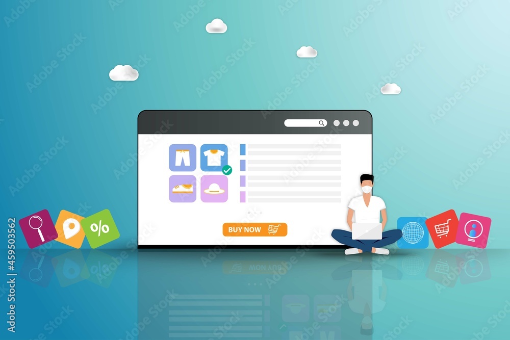 Concept of online shopping, young man wear a face mask and sit near shopping online icon and a big screen of web browser that contain list of products to order a new shirt in green color background. Concept of online shopping, young man wear a face mask and sit near shopping online icon and a big screen of web browser that contain list of products to order a new shirt in green color background.