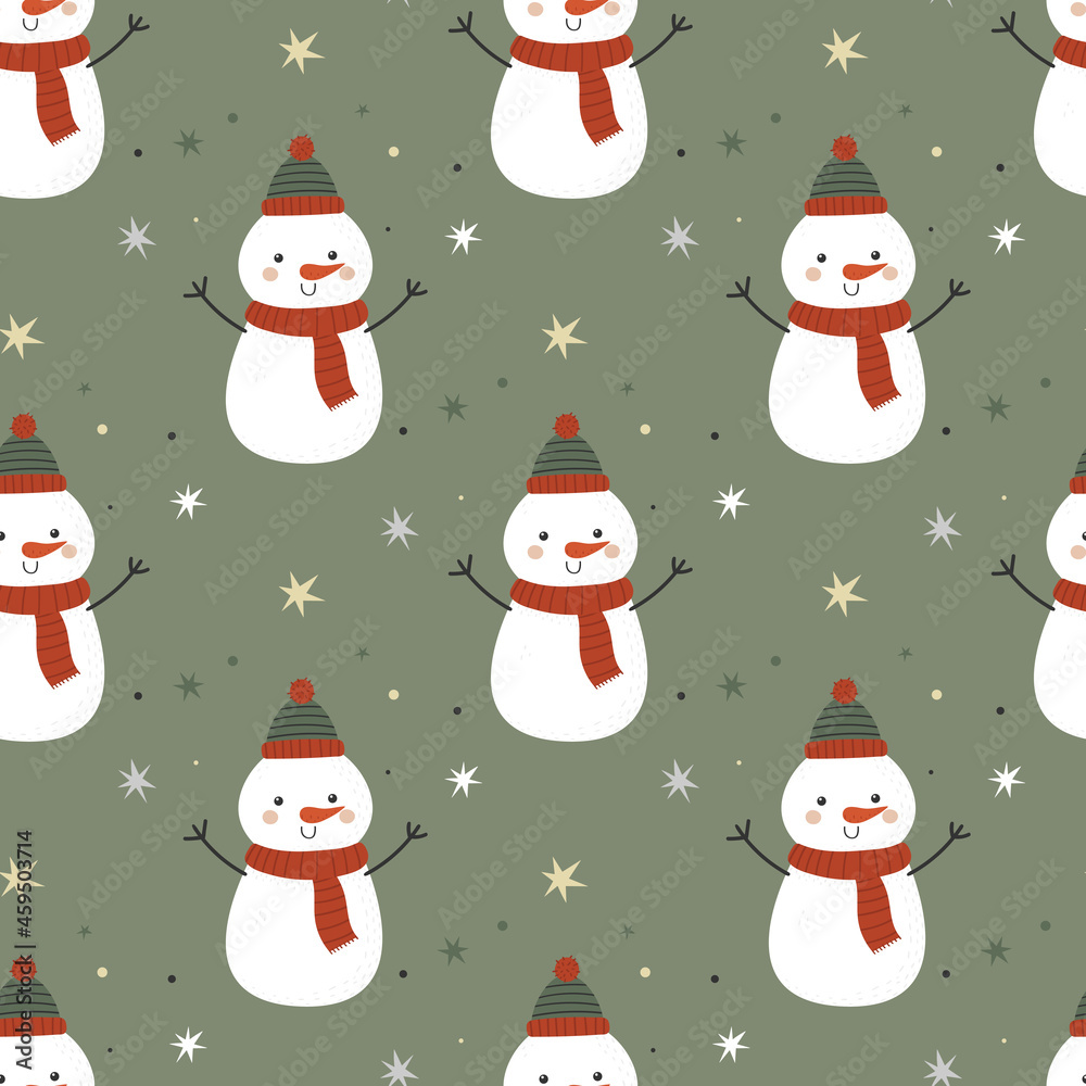 Seamless pattern with funny snowmen on green background simple cartoon style. Vector illustration for Christmas and New Year holidays. Seamless pattern with funny snowmen on green background simple cartoon style. Vector illustration for Christmas and New Year holidays.