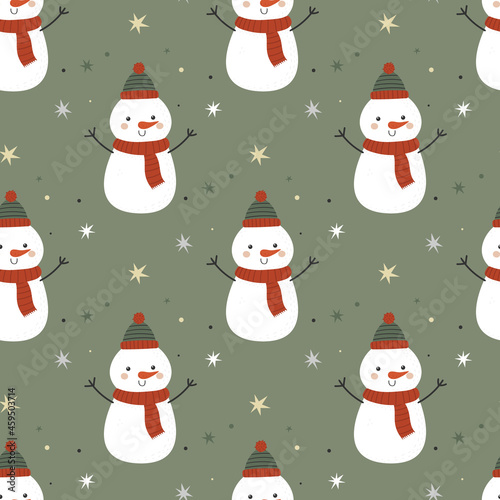 Seamless pattern with funny snowmen on green background simple cartoon style. Vector illustration for Christmas and New Year holidays. © Елена Хмельнюк