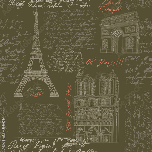 Seamless pattern with the sights of Paris. The Eiffel Tower, Notre Dame de Paris, the Arc de Triomphe in the engraved style with handwritten text.