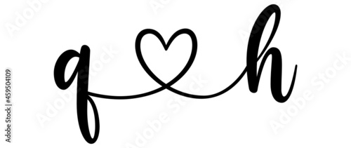qh, hq, letters with heart Monogram, monogram wedding logo. Love icon, couples Initials, lower case, connecting HEART, home decor,