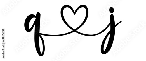 qj, jq, letters with heart Monogram, monogram wedding logo. Love icon, couples Initials, lower case, connecting HEART, home decor,