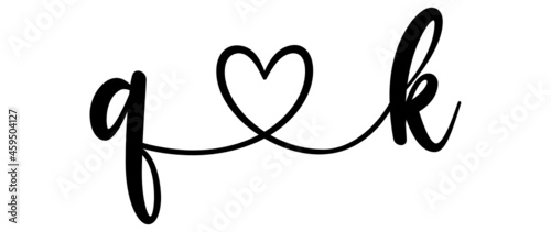 qk, kq, letters with heart Monogram, monogram wedding logo. Love icon, couples Initials, lower case, connecting HEART, home decor,